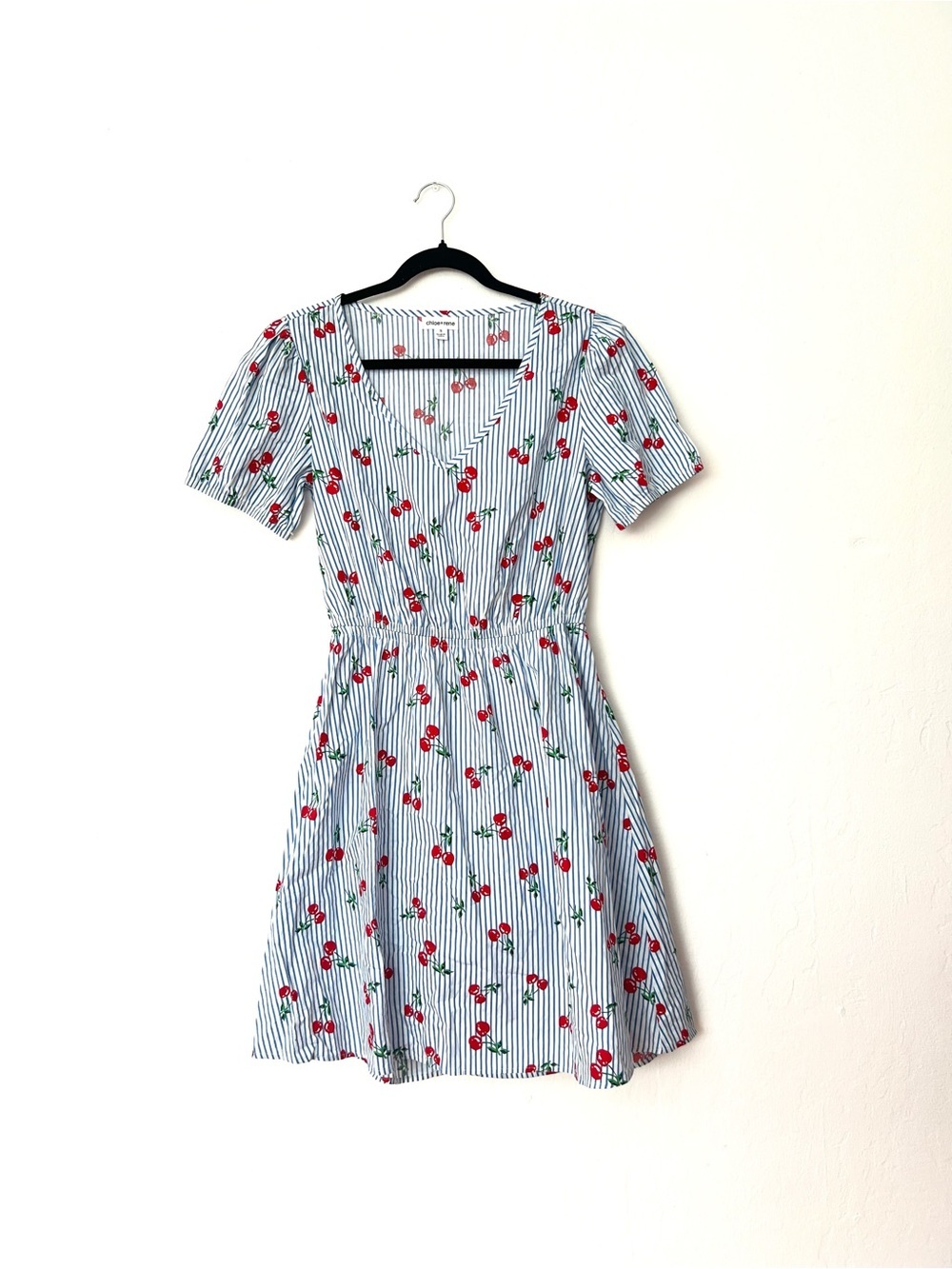 Chloe + Rene Pinstripe V Neck Cherry Print Mini Dress